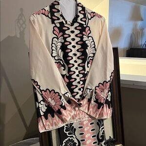 ZARA Set - Sold Out Everywhere! Pink and Black Patterned Shirt Sz S, pants sz XS